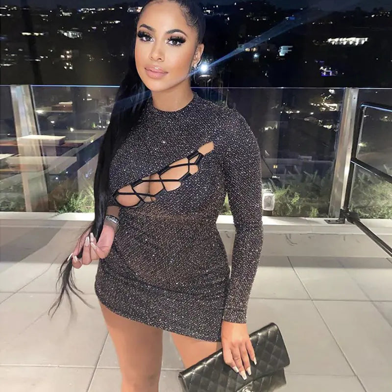 Shiny Hollow Out Bodycon Dress with Tie Detail