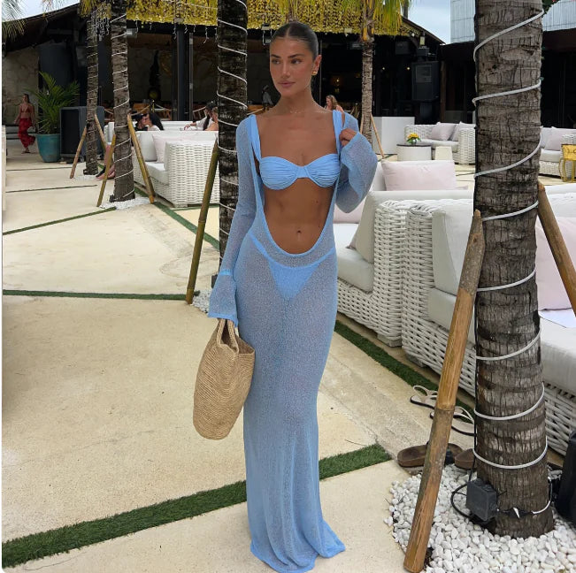Beach Holiday Sheer Backless Knitted Dress Set (Dress + Top + Pants)