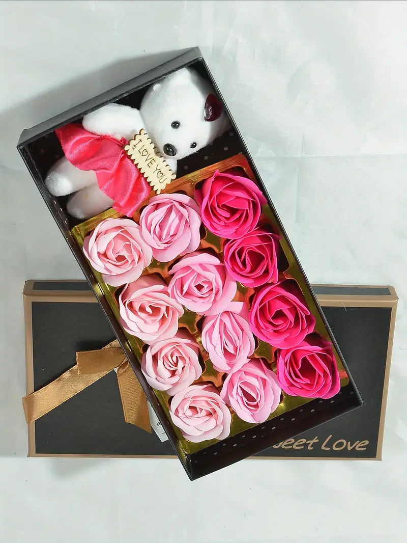 Romantic Pink Soap Flower Set with Kawaii Bear Gift Box