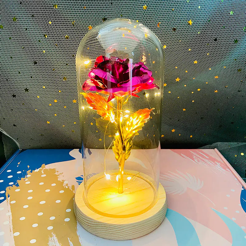 LED Glass Dome Faux Gold Foil Rose Eternal Flower