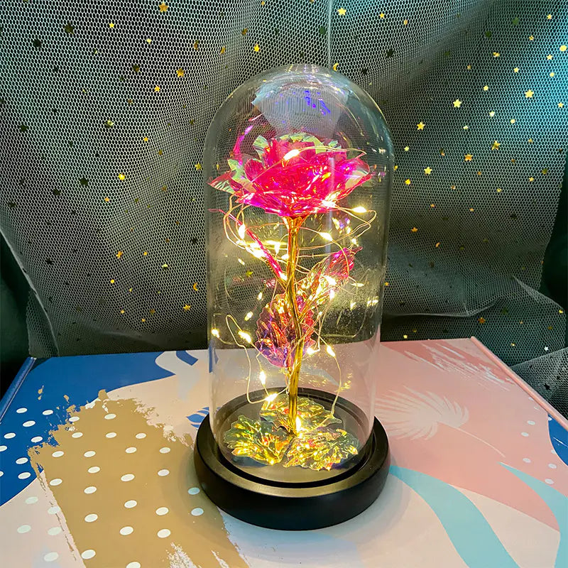 LED Glass Dome Faux Gold Foil Rose Eternal Flower