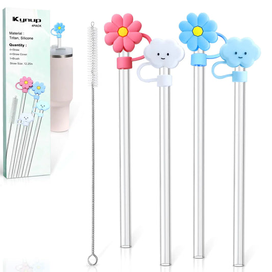Kynup 4 Straws 4 Straw Topper Cover with Cleaning Brush Tritan Material Heat Resistance Silicone Straw Topper Reusable Straw for Stanely 40 oz Tumbler