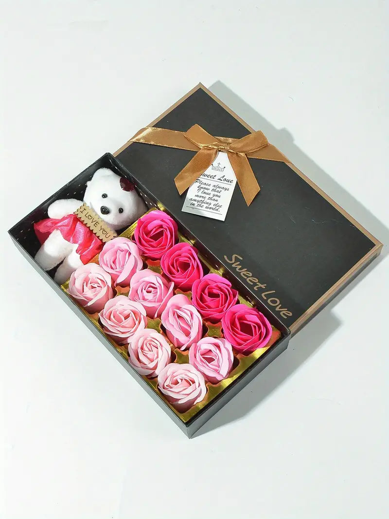 Romantic Pink Soap Flower Set with Kawaii Bear Gift Box