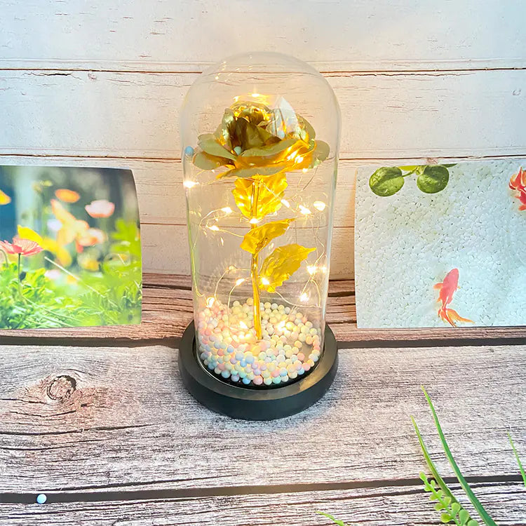LED Glass Dome Faux Gold Foil Rose Eternal Flower