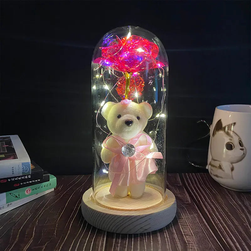 LED Glass Dome Faux Gold Foil Rose Eternal Flower