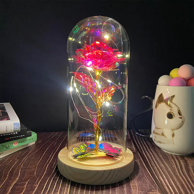 LED Glass Dome Faux Gold Foil Rose Eternal Flower