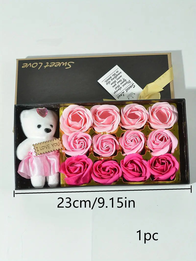 Romantic Pink Soap Flower Set with Kawaii Bear Gift Box