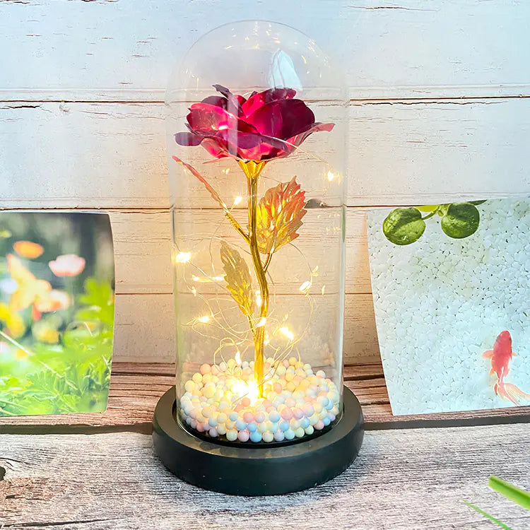 LED Glass Dome Faux Gold Foil Rose Eternal Flower
