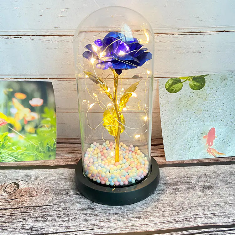 LED Glass Dome Faux Gold Foil Rose Eternal Flower