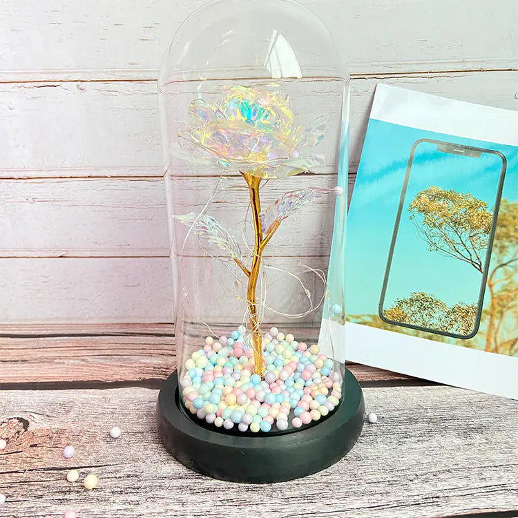 LED Glass Dome Faux Gold Foil Rose Eternal Flower