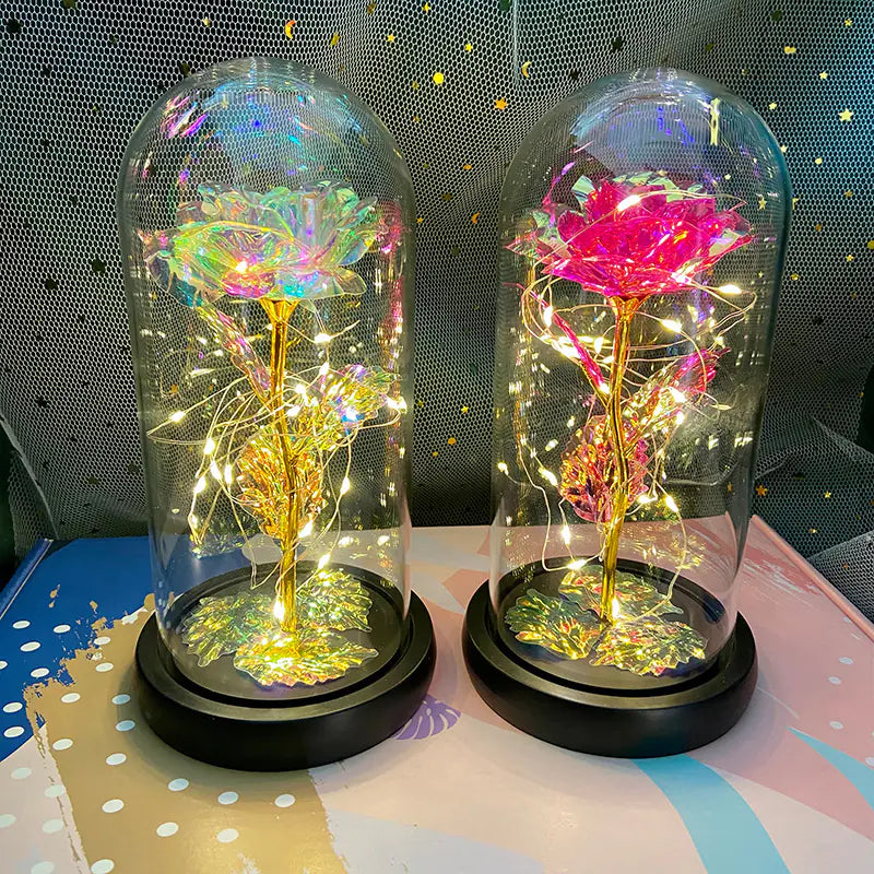 LED Glass Dome Faux Gold Foil Rose Eternal Flower