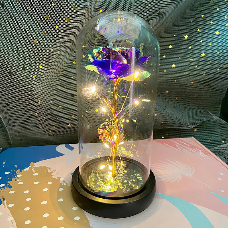 LED Glass Dome Faux Gold Foil Rose Eternal Flower