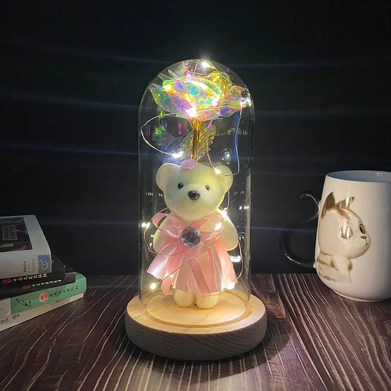 LED Glass Dome Faux Gold Foil Rose Eternal Flower