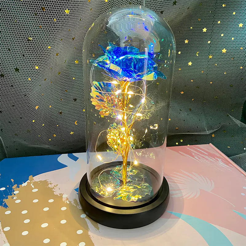 LED Glass Dome Faux Gold Foil Rose Eternal Flower