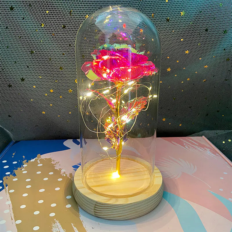 LED Glass Dome Faux Gold Foil Rose Eternal Flower