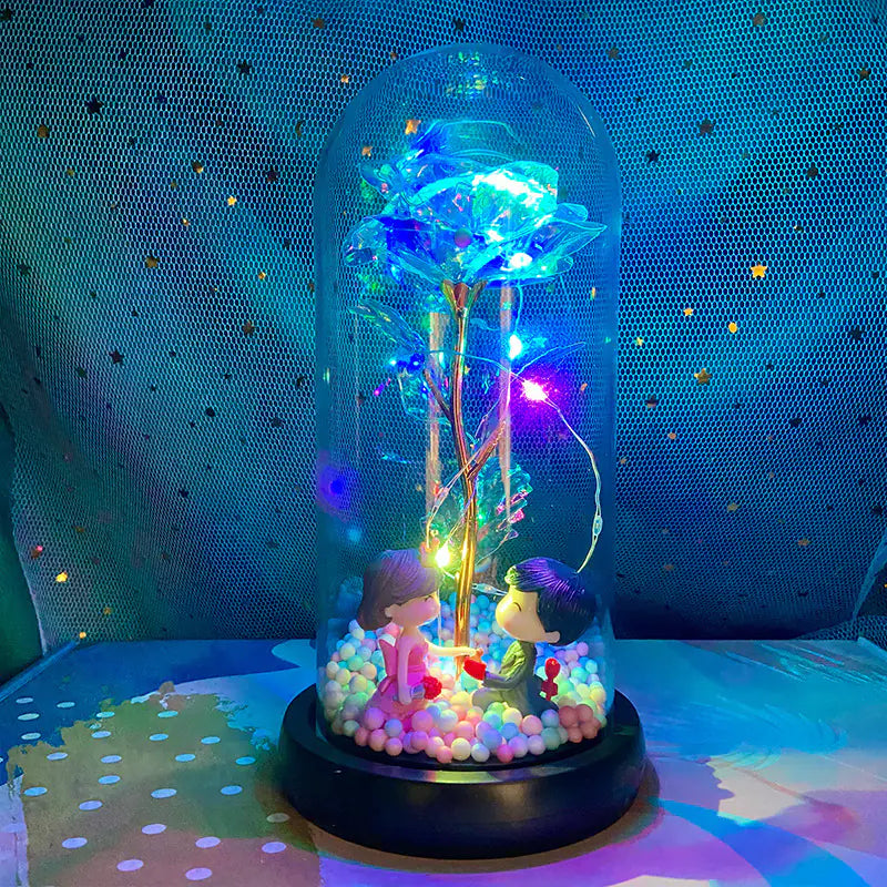 LED Glass Dome Faux Gold Foil Rose Eternal Flower