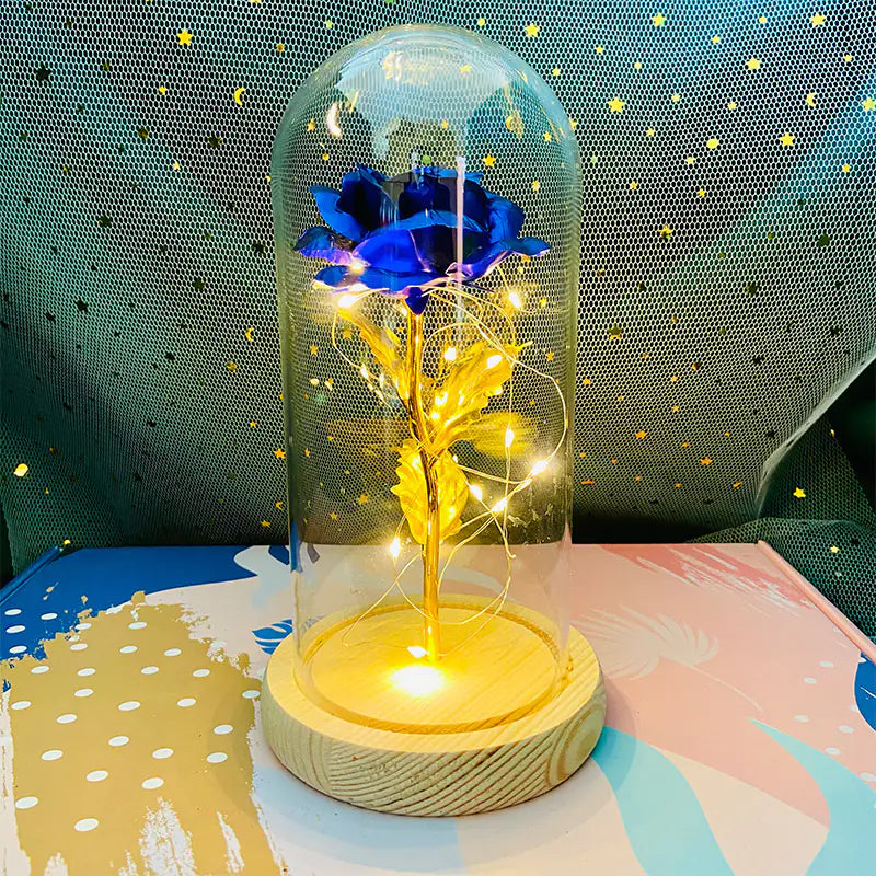 LED Glass Dome Faux Gold Foil Rose Eternal Flower