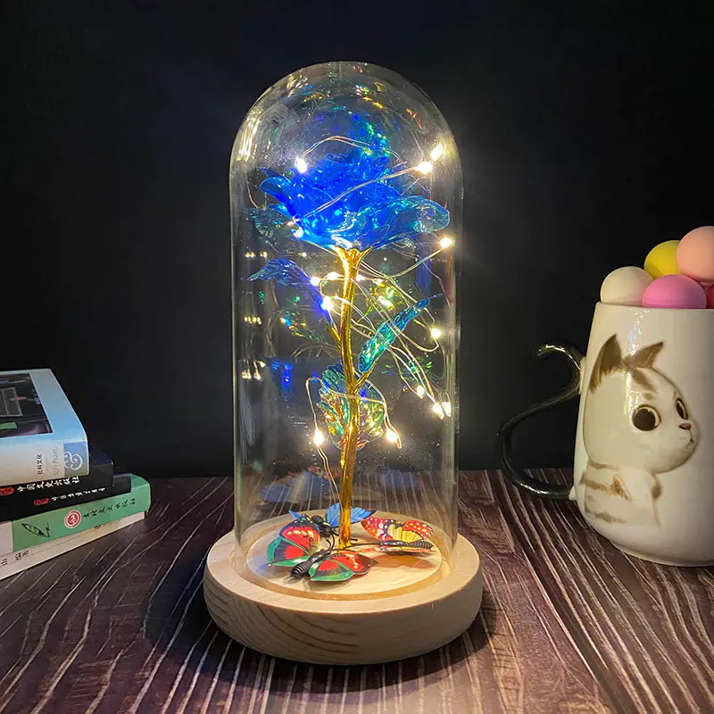 LED Glass Dome Faux Gold Foil Rose Eternal Flower