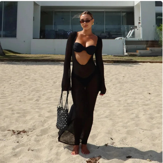 Beach Holiday Sheer Backless Knitted Dress Set (Dress + Top + Pants)