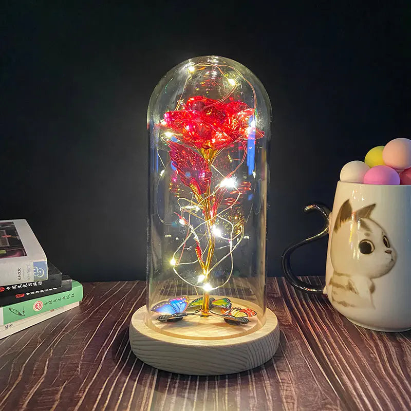 LED Glass Dome Faux Gold Foil Rose Eternal Flower