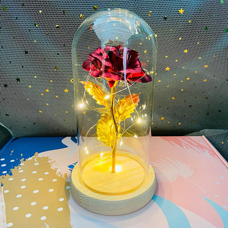 LED Glass Dome Faux Gold Foil Rose Eternal Flower