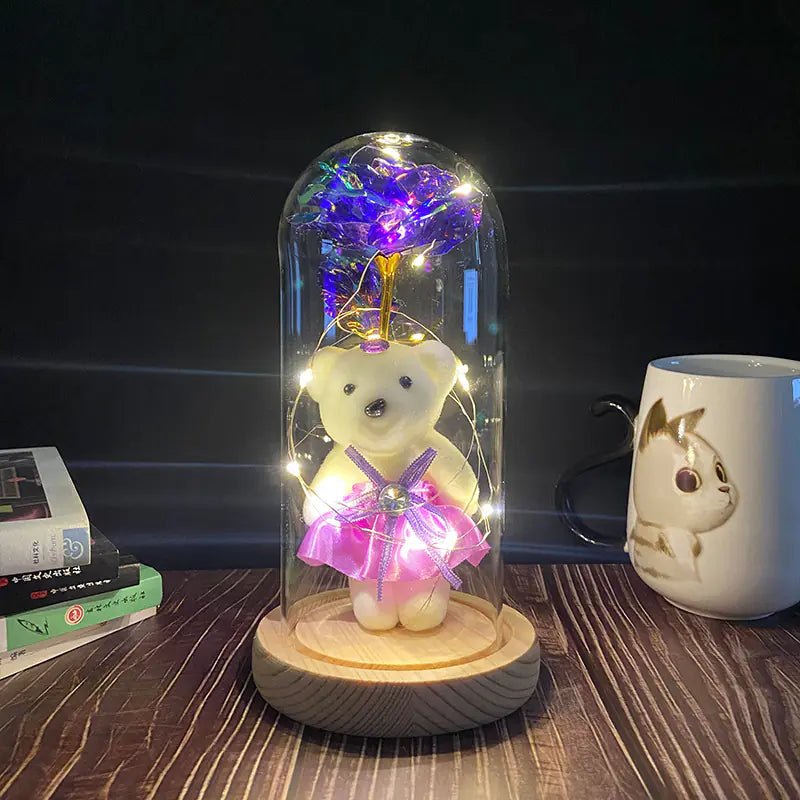 LED Glass Dome Faux Gold Foil Rose Eternal Flower