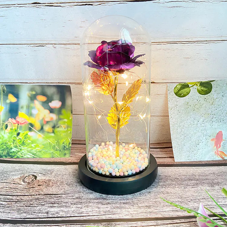 LED Glass Dome Faux Gold Foil Rose Eternal Flower