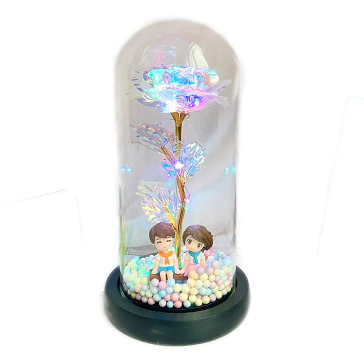 LED Glass Dome Faux Gold Foil Rose Eternal Flower