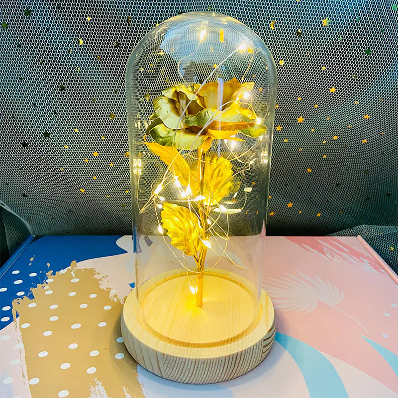 LED Glass Dome Faux Gold Foil Rose Eternal Flower