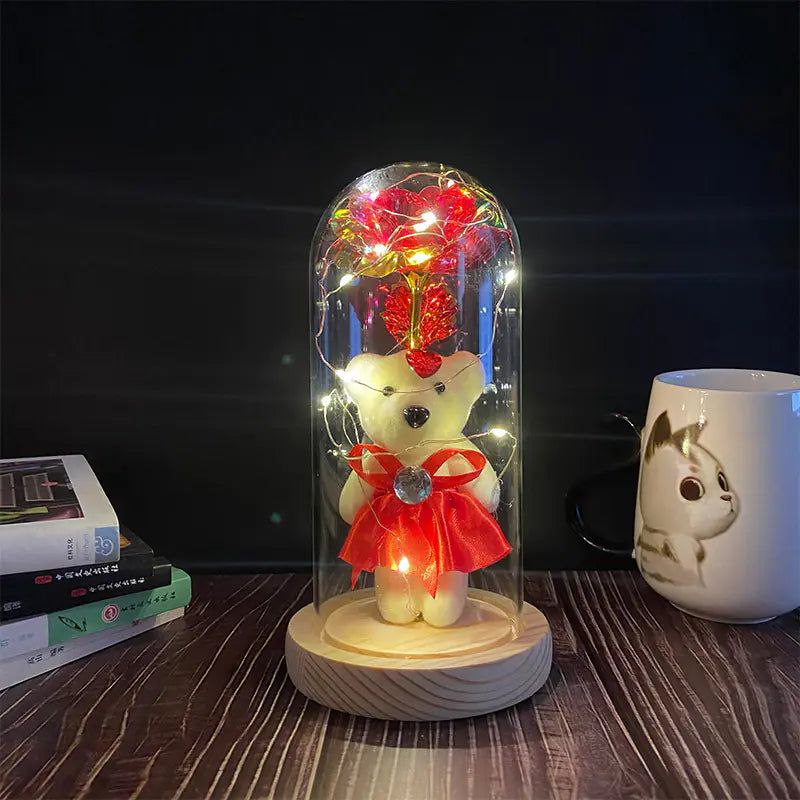 LED Glass Dome Faux Gold Foil Rose Eternal Flower