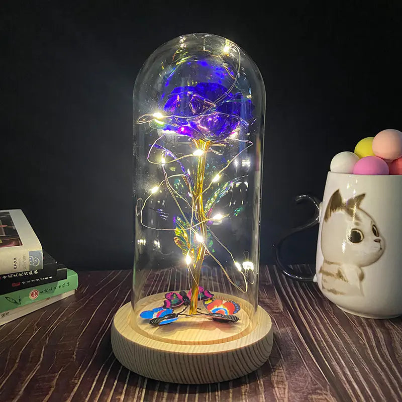 LED Glass Dome Faux Gold Foil Rose Eternal Flower