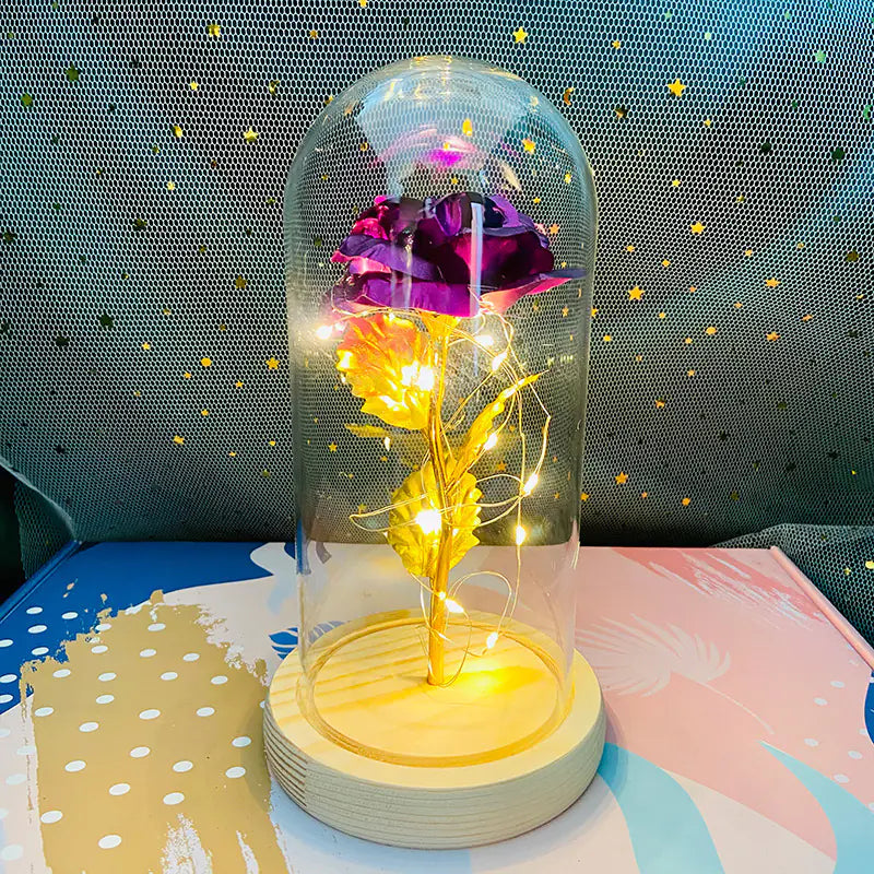 LED Glass Dome Faux Gold Foil Rose Eternal Flower