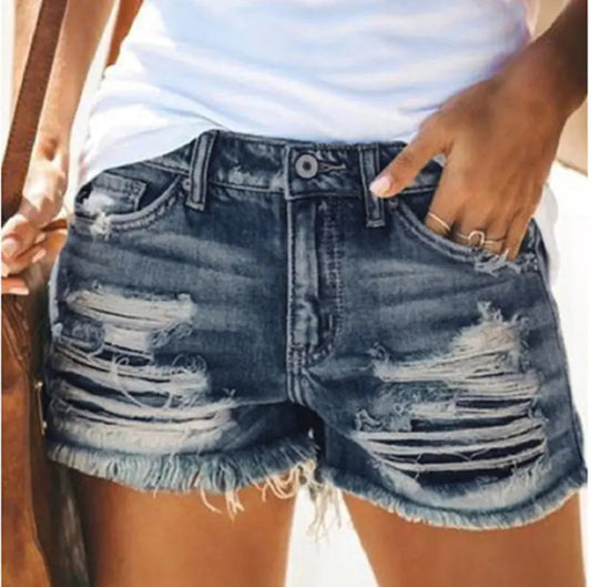 Fringed Ripped Denim Shorts for Women