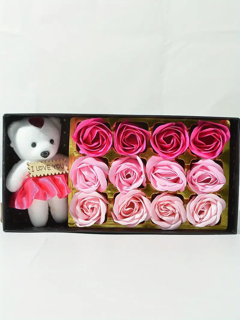 Romantic Pink Soap Flower Set with Kawaii Bear Gift Box