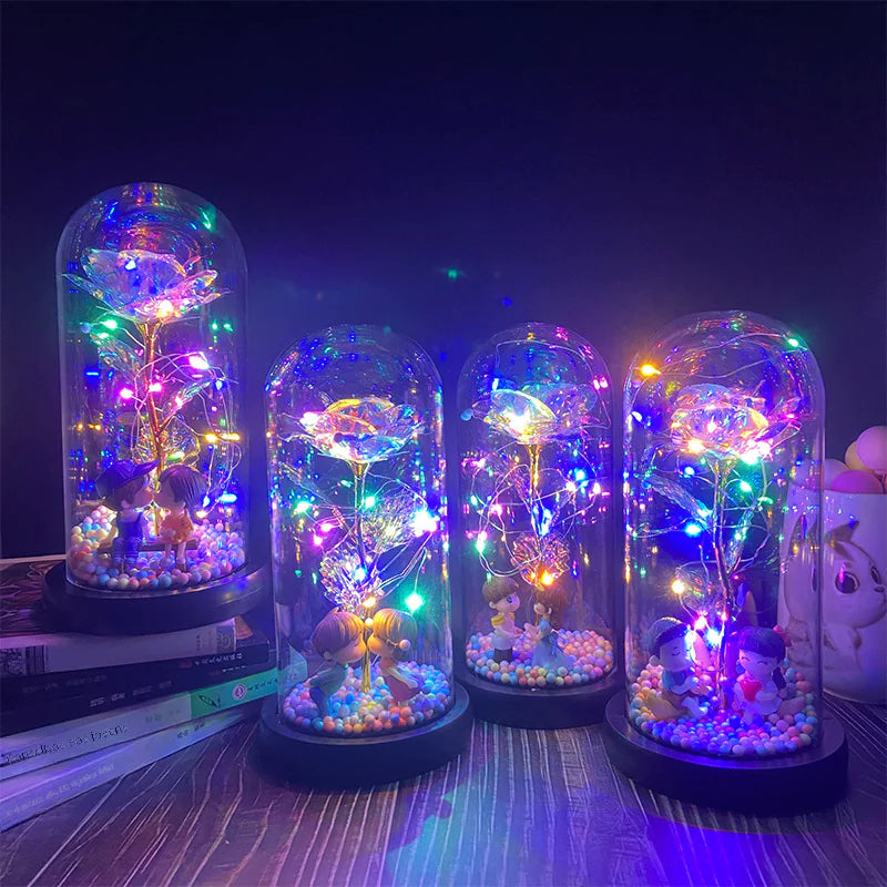 LED Glass Dome Faux Gold Foil Rose Eternal Flower