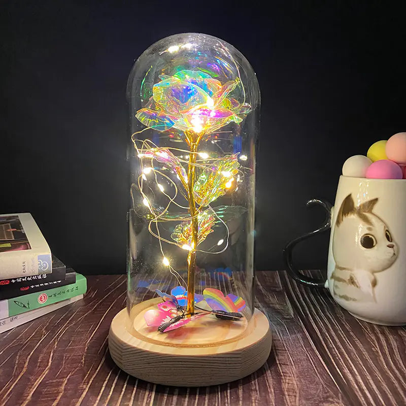 LED Glass Dome Faux Gold Foil Rose Eternal Flower