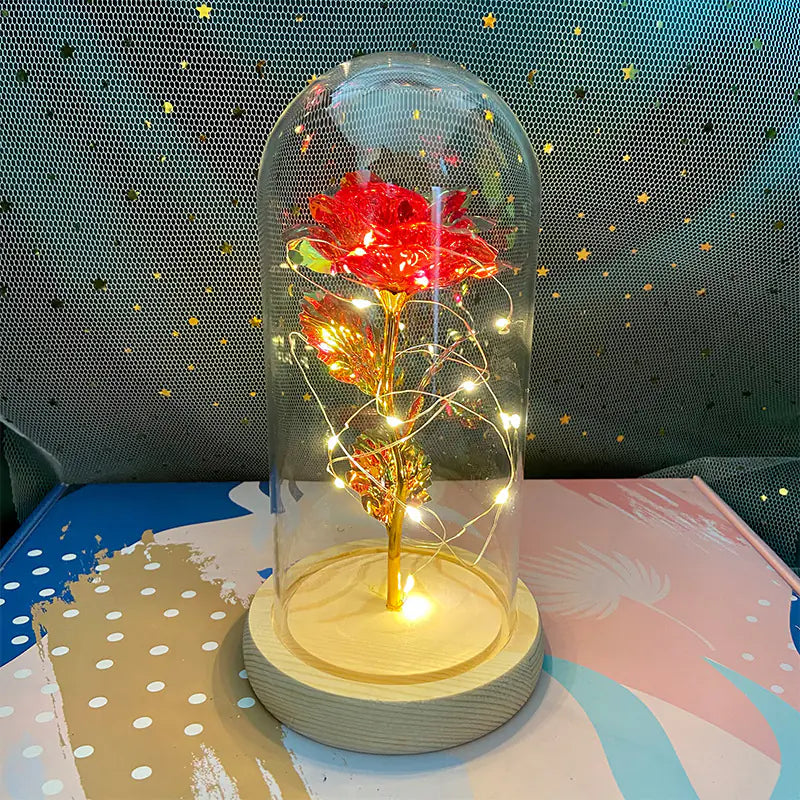 LED Glass Dome Faux Gold Foil Rose Eternal Flower