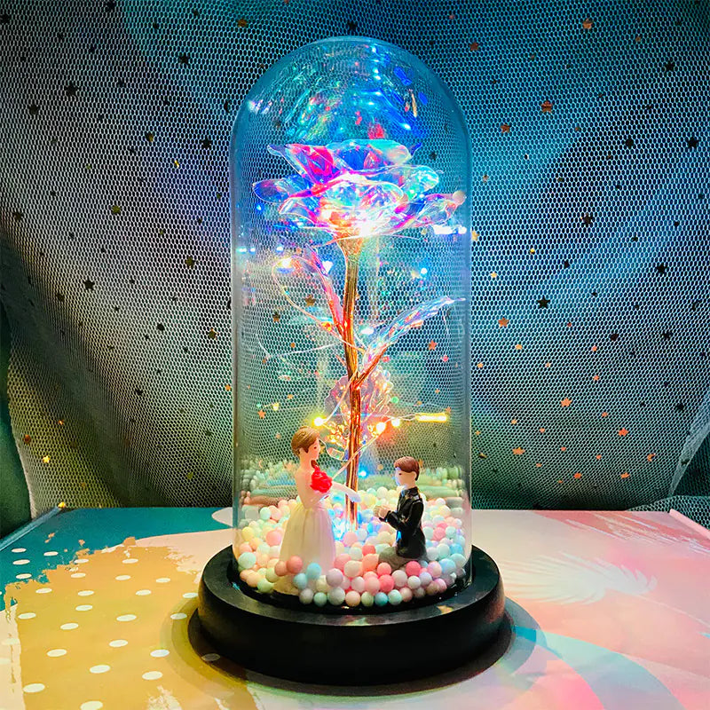 LED Glass Dome Faux Gold Foil Rose Eternal Flower