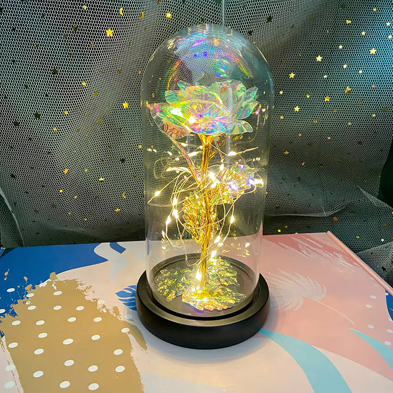 LED Glass Dome Faux Gold Foil Rose Eternal Flower